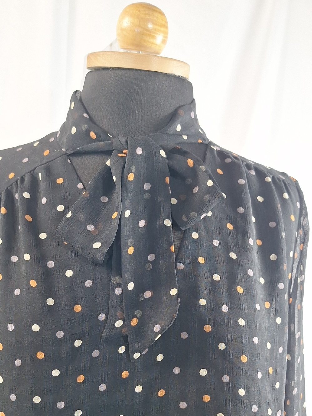 Black Polka Dot Tie-Neck Womens Blouse